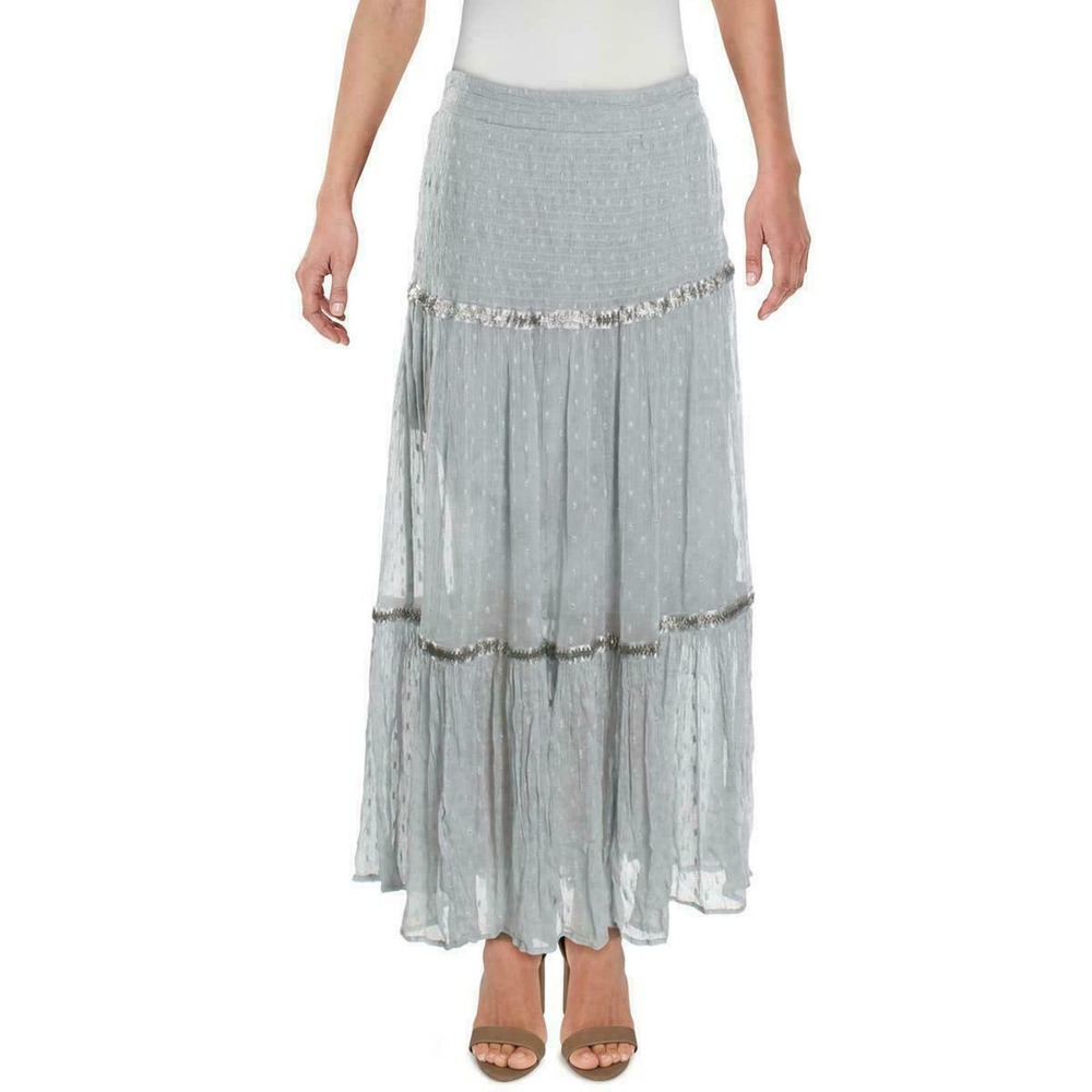 Free People Ella Tiered Midi Skirt Sky 6 Silver